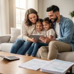 EITC 2026: Claim Up to $7,430 for Eligible Families Happy family reviewing finances on a tablet, symbolizing EITC benefits.