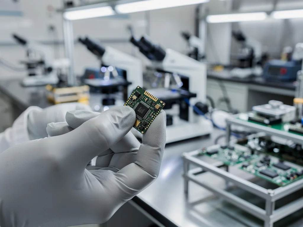 Hand holding high-tech electronic component in a precision manufacturing setting