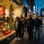 Shoppers with mixed expressions in a festive holiday shopping district