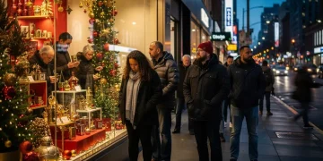Shoppers with mixed expressions in a festive holiday shopping district