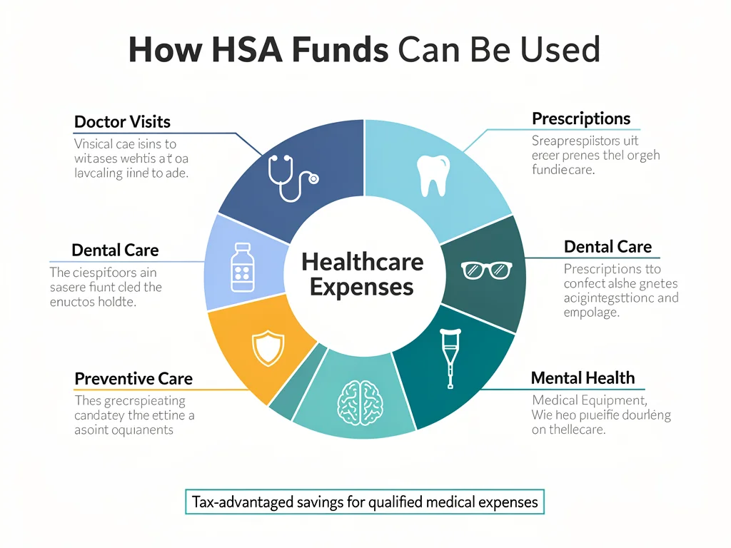 Infographic showing diverse healthcare expenses covered by an HSA, including doctor visits and prescriptions.