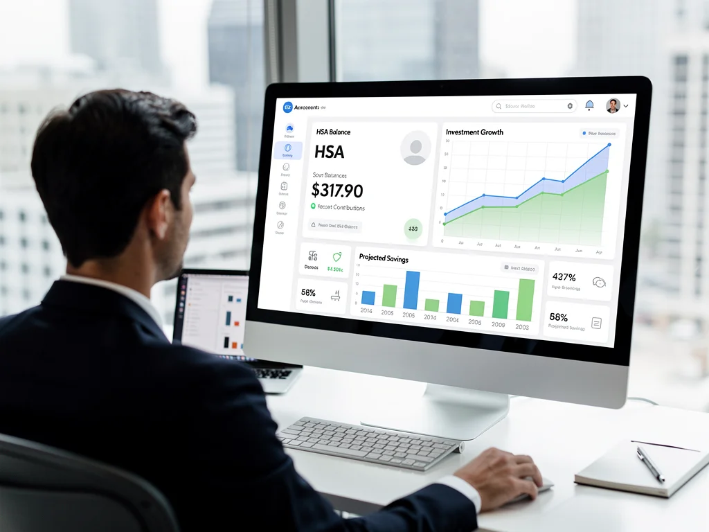 Person reviewing a financial dashboard with HSA balance and investment growth, depicting strategic financial planning.