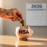 Hand putting coins into an HSA piggy bank with 2026 calendar, symbolizing future healthcare savings.