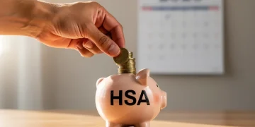 Hand putting coins into an HSA piggy bank with 2026 calendar, symbolizing future healthcare savings.