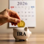 Hand placing coin into IRA piggy bank with 2026 calendar