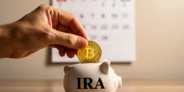 Hand placing coin into IRA piggy bank with 2026 calendar