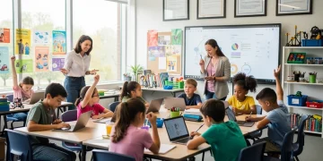Students and teachers engaged in a modern classroom, representing education policy impact.