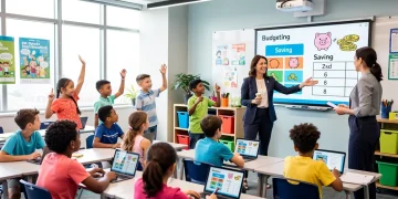 K-12 students learning financial literacy in a modern classroom setting