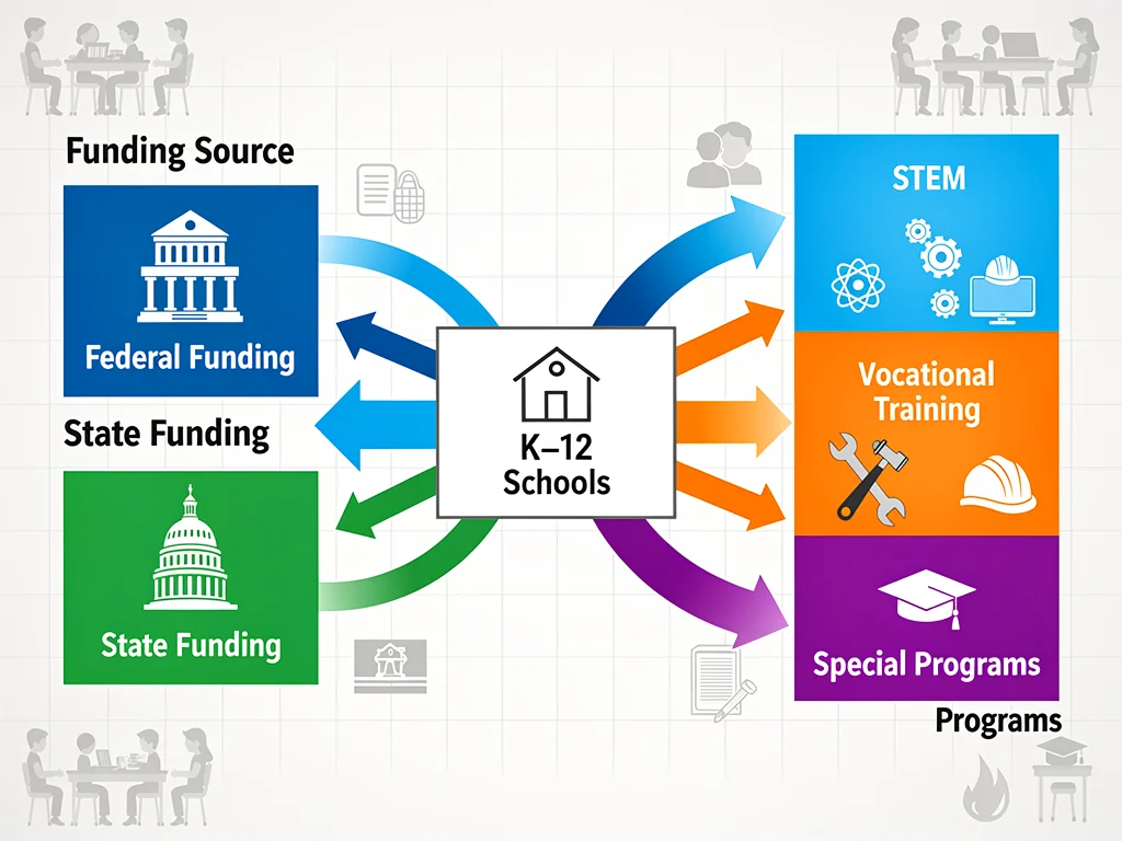 Infographic showing K-12 funding allocation and program increases.