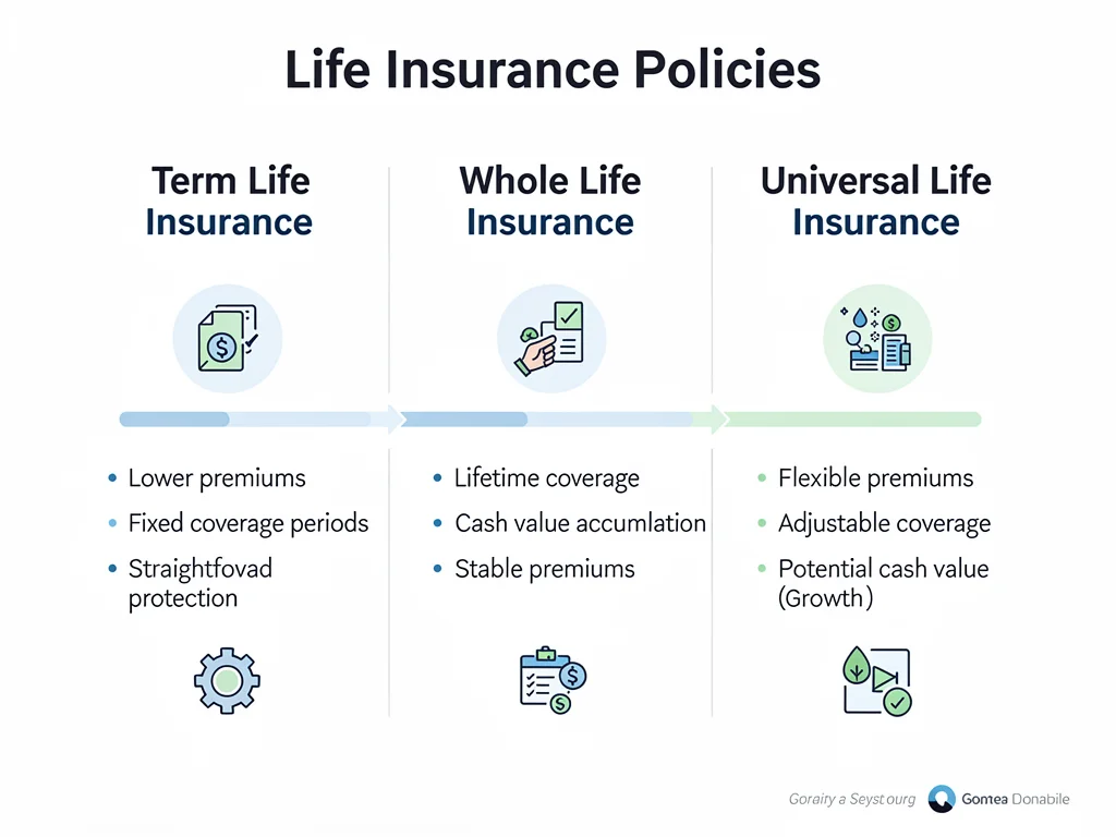 Infographic illustrating various 2026 life insurance policy types and features