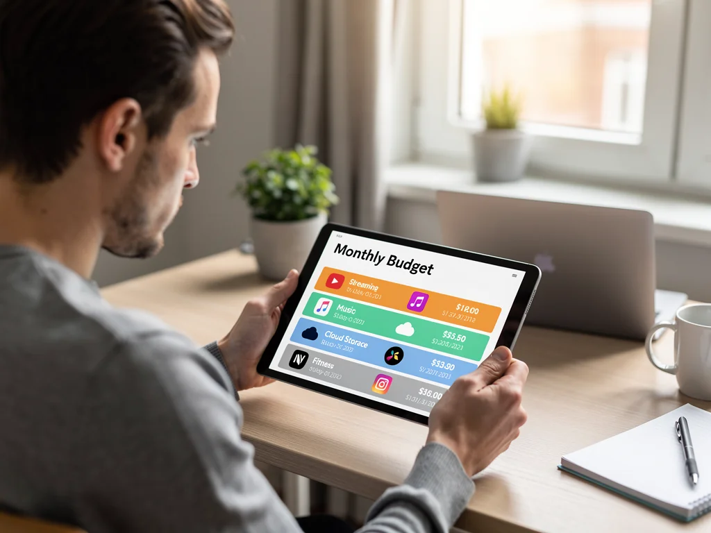 Individual managing multiple subscription services on a tablet