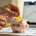 Hands placing coin into 401(k) piggy bank, symbolizing retirement savings growth in 2026.