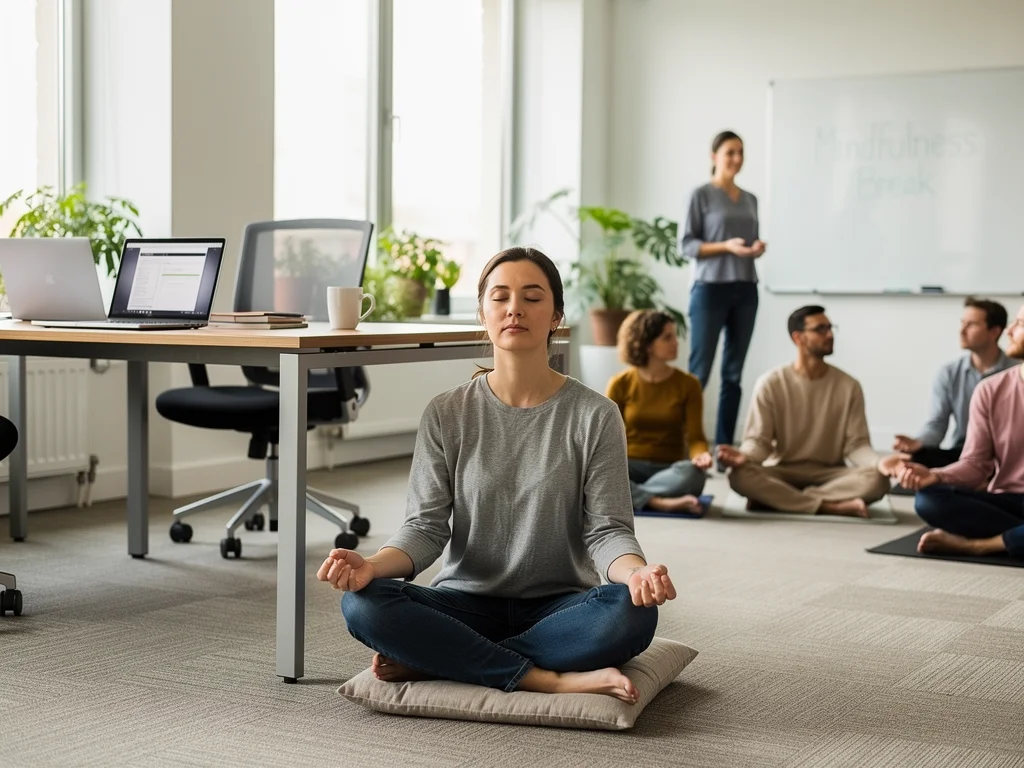 Employee practicing mindfulness meditation for mental well-being perk.