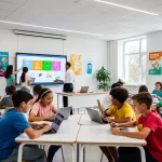 Students using EdTech tools in a modern U.S. classroom setting