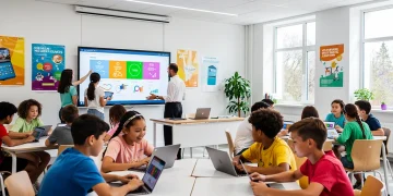 Students using EdTech tools in a modern U.S. classroom setting