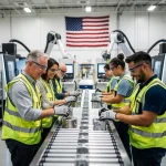 Factory workers collaborating on an assembly line in a modern US manufacturing plant