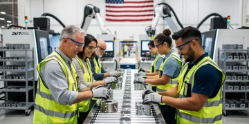 Factory workers collaborating on an assembly line in a modern US manufacturing plant