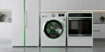 Three new energy-efficient appliances in a modern kitchen, showcasing innovative design and sustainability.
