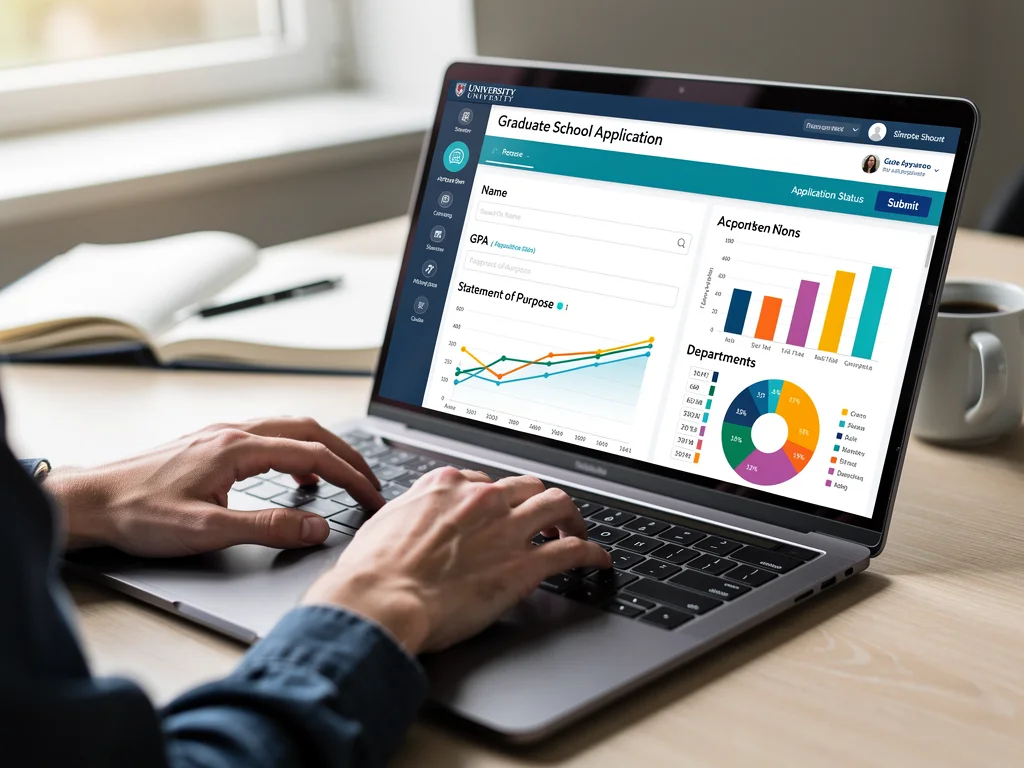 Student completing an online graduate school application, showing digital admissions trends.