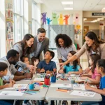 Parental Involvement in U.S. Education: 2026 Strategies Parents and children engaged in a school activity, symbolizing strong parental involvement in education.