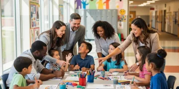 Parents and children engaged in a school activity, symbolizing strong parental involvement in education.