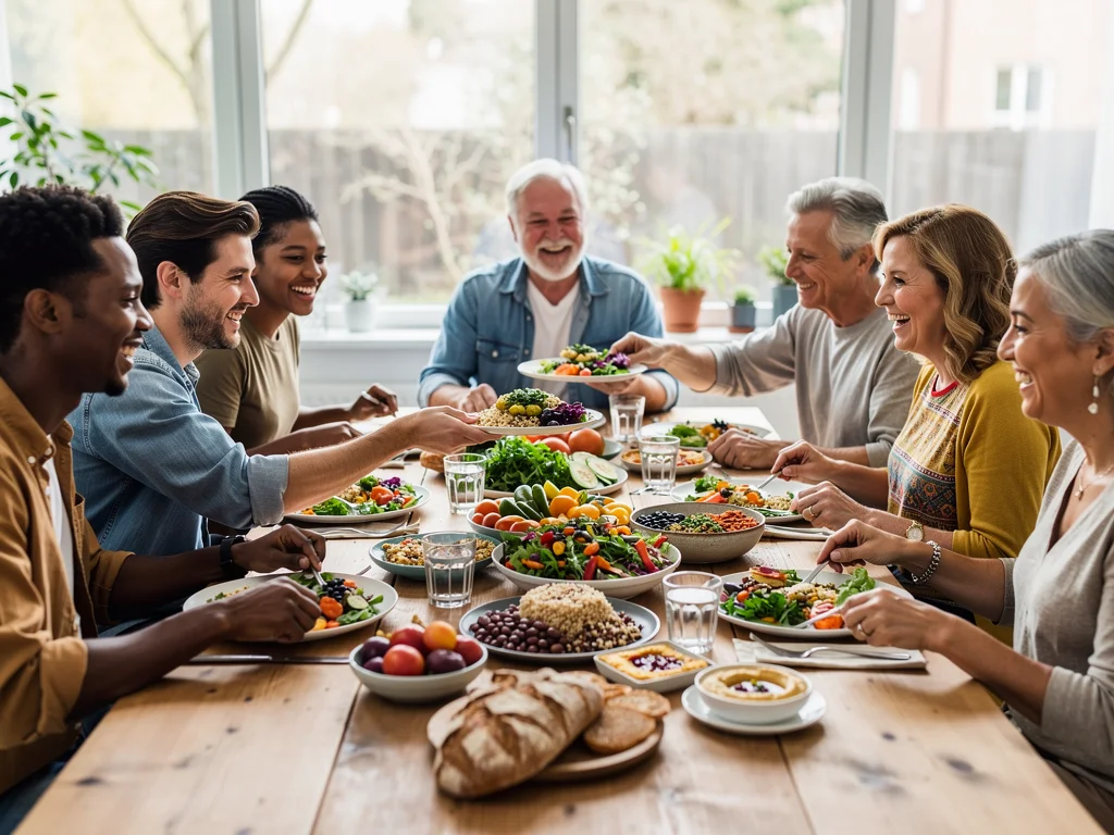 Diverse group enjoying a plant-based meal