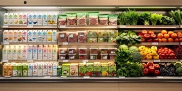 Diverse plant-based products in a modern grocery aisle