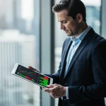 Businessman analyzing financial data on a tablet, focusing on tax optimization strategies.