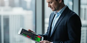 Businessman analyzing financial data on a tablet, focusing on tax optimization strategies.