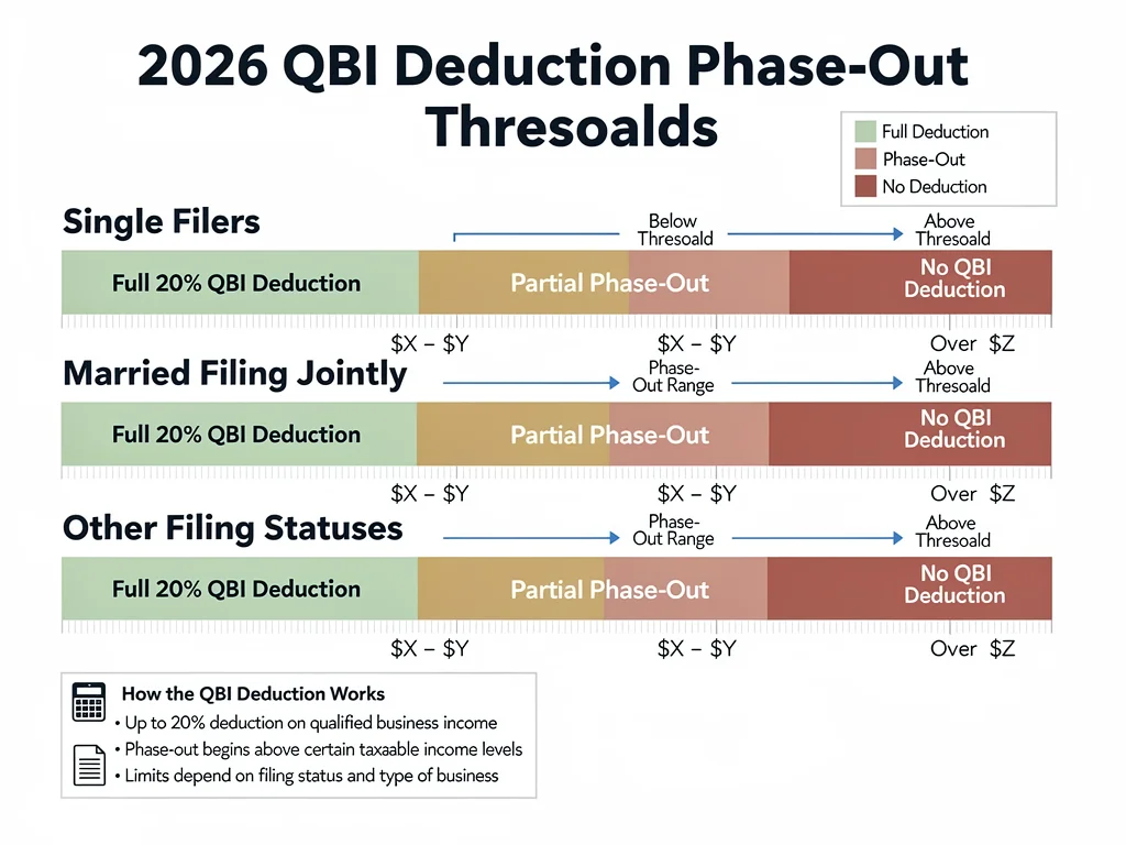 Infographic showing QBI deduction phase-out thresholds and income limits for 2026.