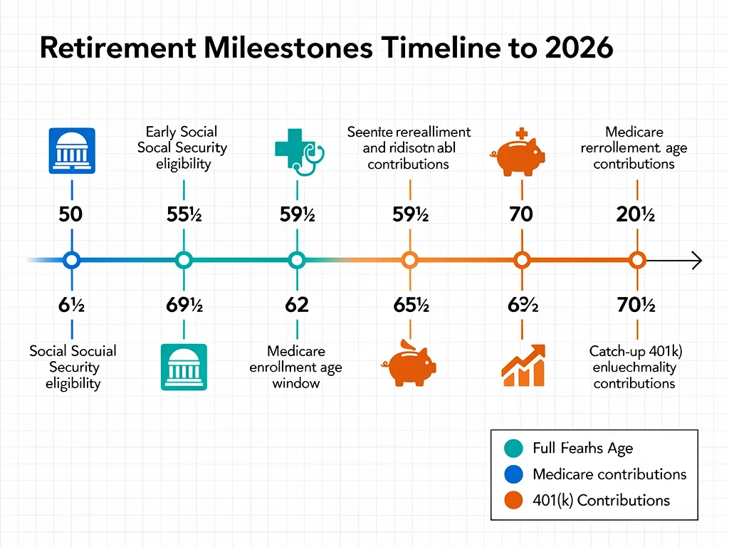 Infographic timeline illustrating key milestones for 2026 retirement benefits planning