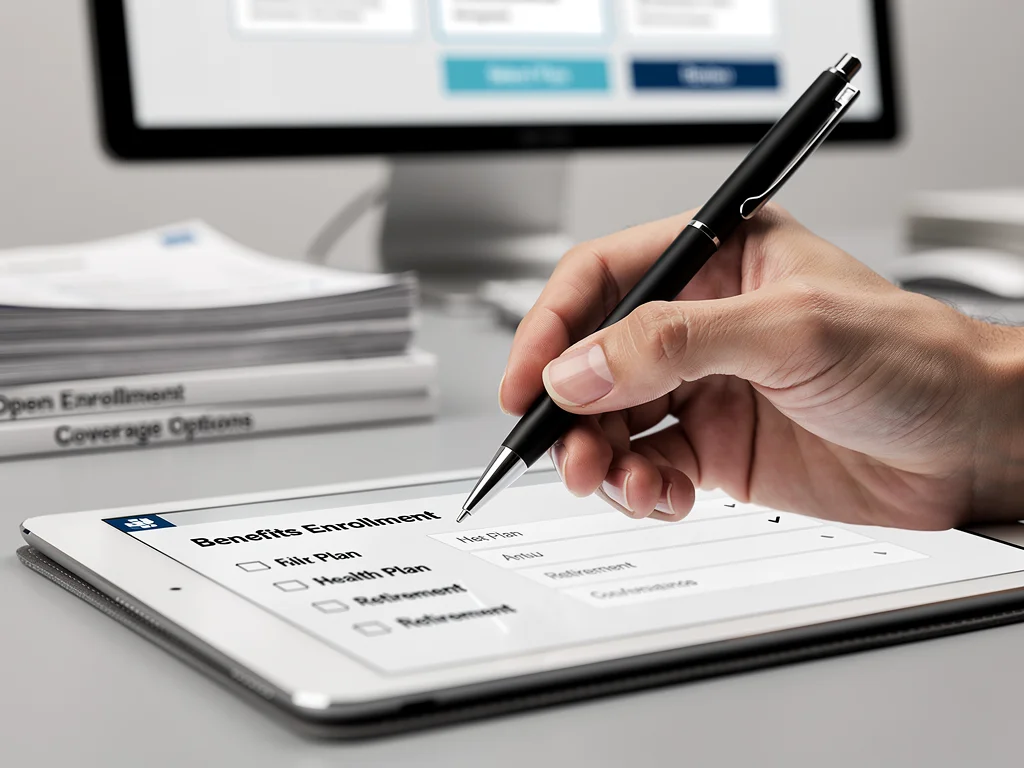 Careful review of benefits enrollment options on a tablet.