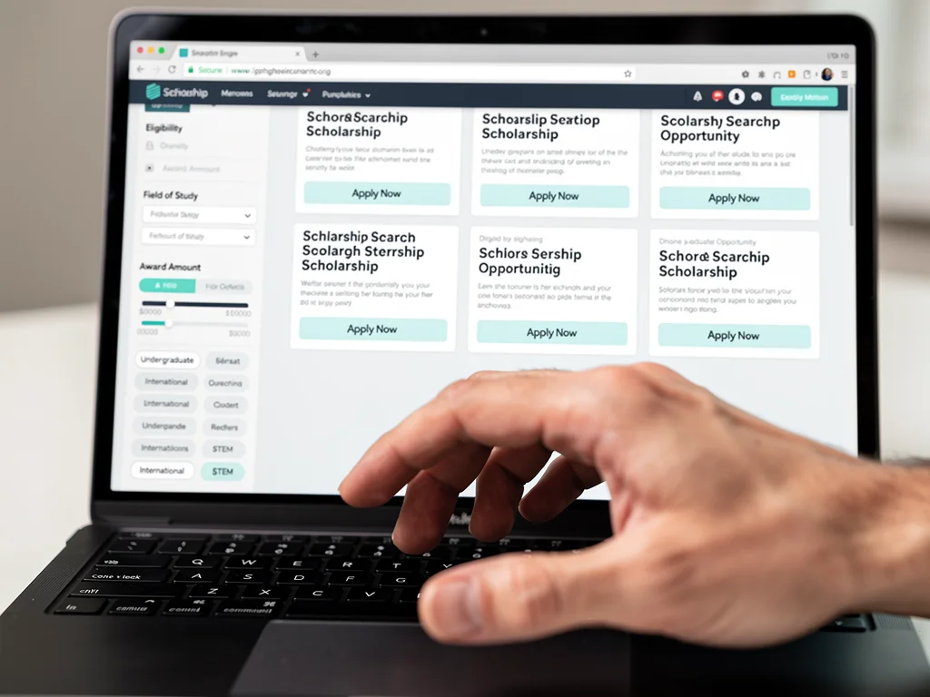 Detailed view of scholarship search engine interface with filters