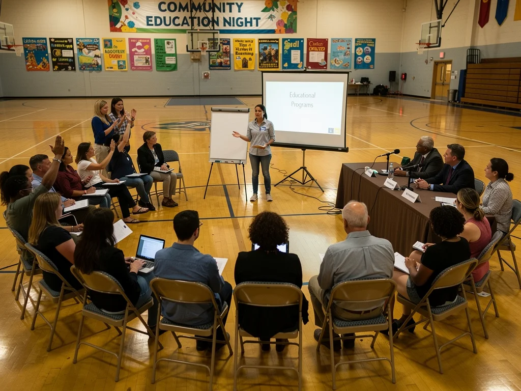Community meeting in a school, showing parents, teachers, and administrators collaborating.