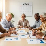 Seniors discussing Social Security benefits for 2026, planning retirement