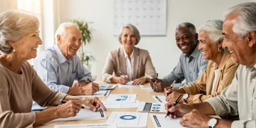 Seniors discussing Social Security benefits for 2026, planning retirement