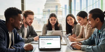 Hopeful students reviewing loan forgiveness documents on digital devices