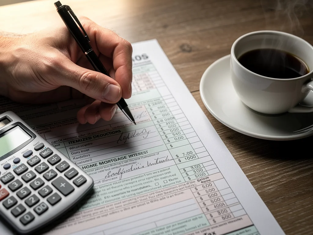 Hand reviewing tax forms for mortgage interest deduction calculations.