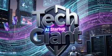 Stylized representation of a tech giant acquiring an AI startup, symbolizing future innovation.