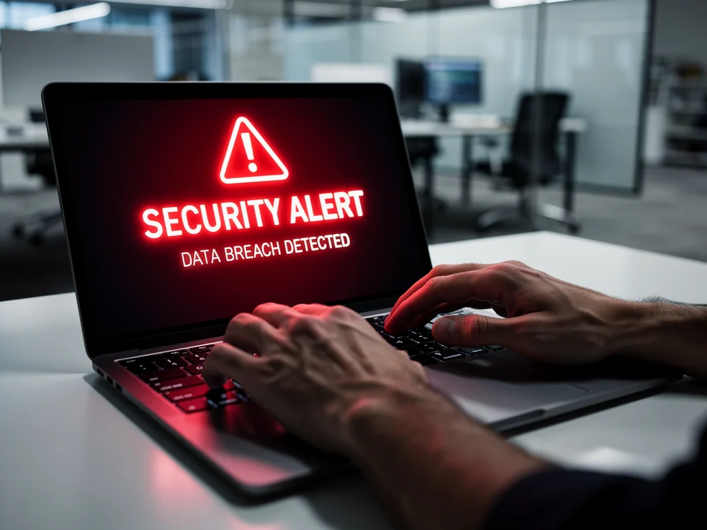 Hands typing on laptop, red security warning on screen