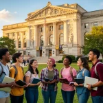 Students looking at university building, symbolizing future U.S. college admissions success.