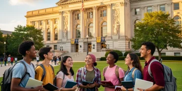 Students looking at university building, symbolizing future U.S. college admissions success.