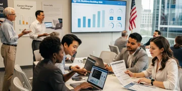 Adults learning new skills in a modern classroom, representing U.S. workforce reskilling programs.