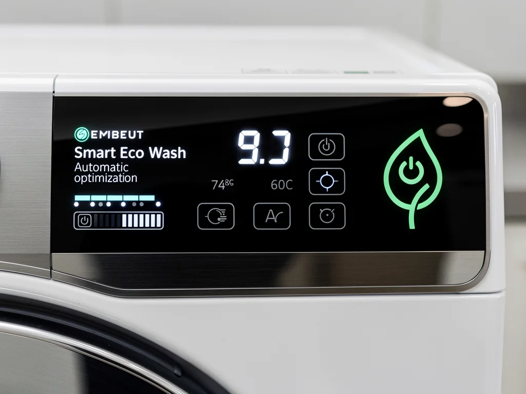 Digital display of an energy-efficient washing machine demonstrating smart features.